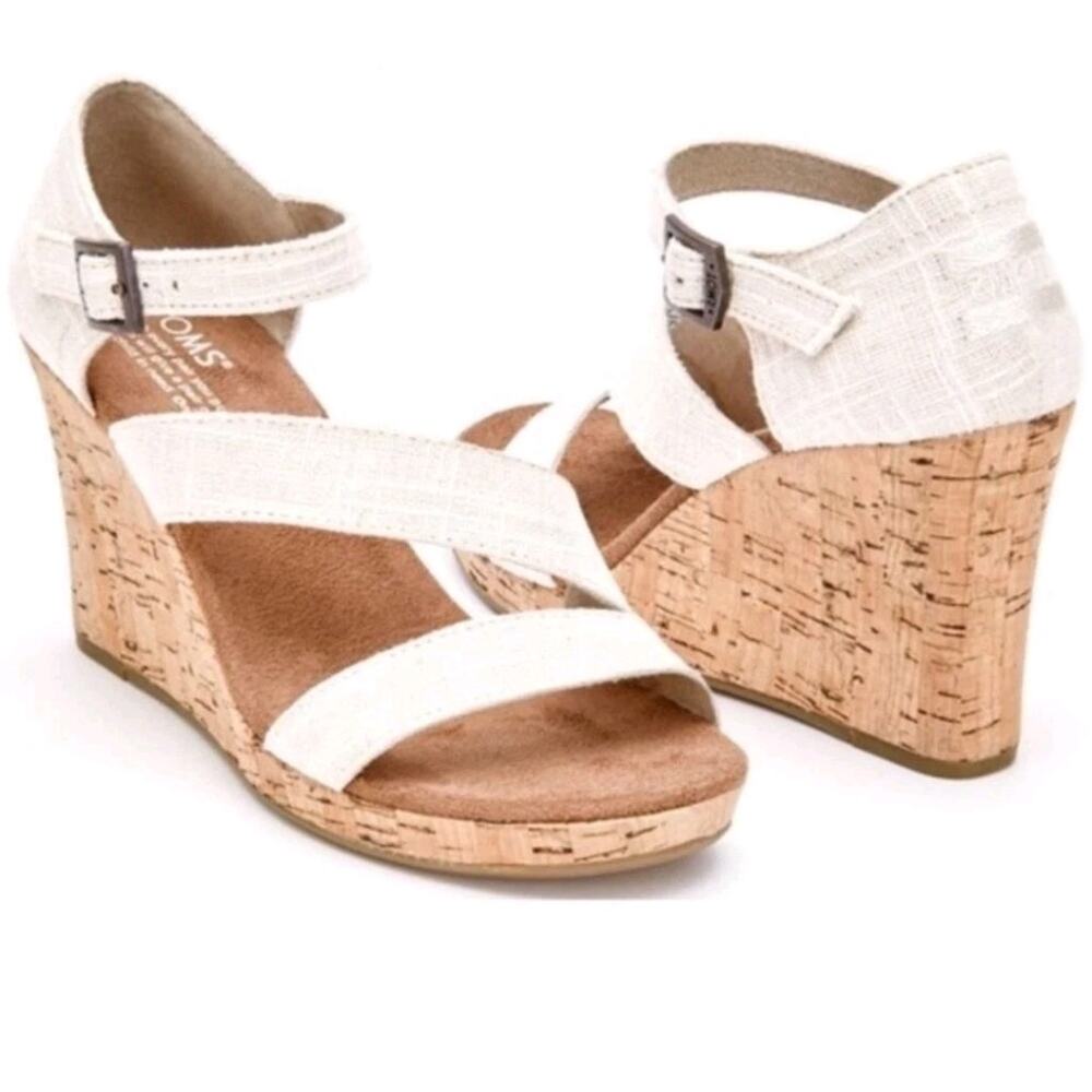 Toms Women's 8 Clarissa Wedge Heel Sandal Natural Linen & Cork Ankle Strap